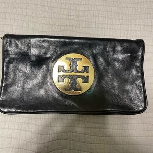 Tory Burch Black Leather Clutch with Gold Logo